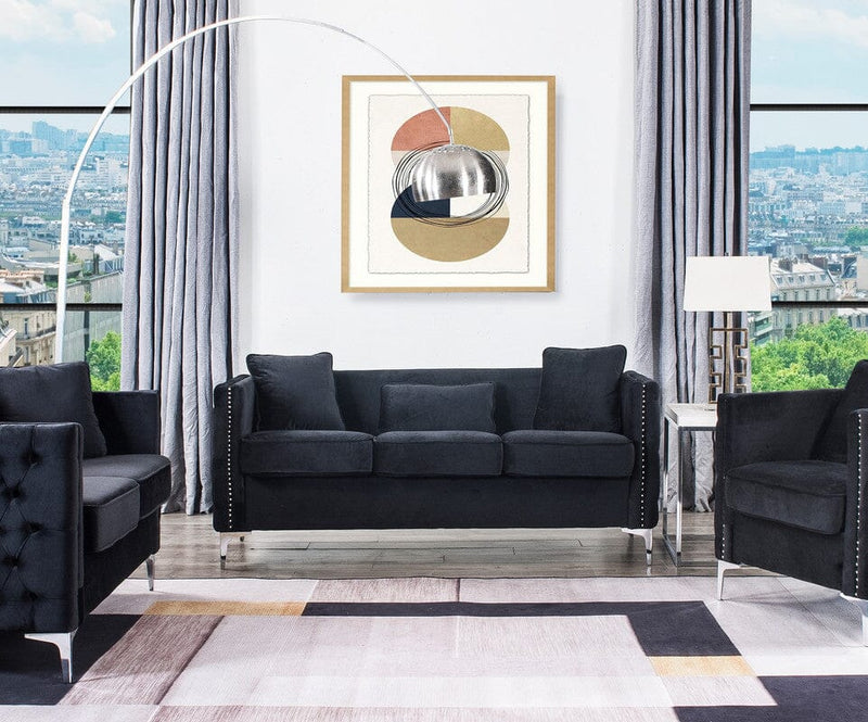 Bayberry Black Velvet Sofa with 3 Pillows
