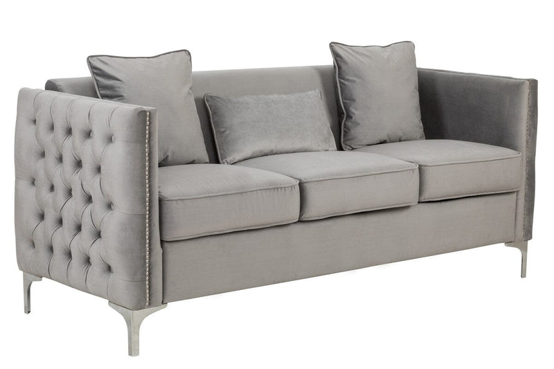 Bayberry Gray Velvet Sofa with 3 Pillows