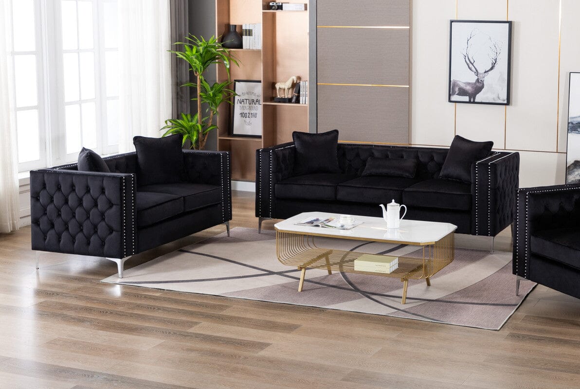 Lorreto Black Velvet Fabric Sofa Loveseat Living Room Set ...