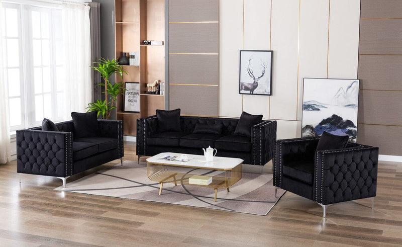 Lorreto Black Velvet Fabric Sofa Loveseat Chair Living Room Set