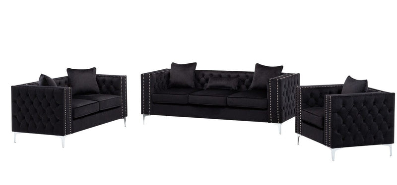 Lorreto Black Velvet Fabric Sofa Loveseat Chair Living Room Set