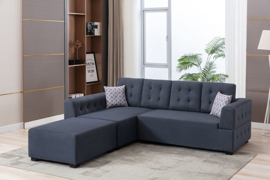 Ordell Dark Gray Linen Fabric Sectional Sofa with Left Facing Chaise Ottoman and Pillows