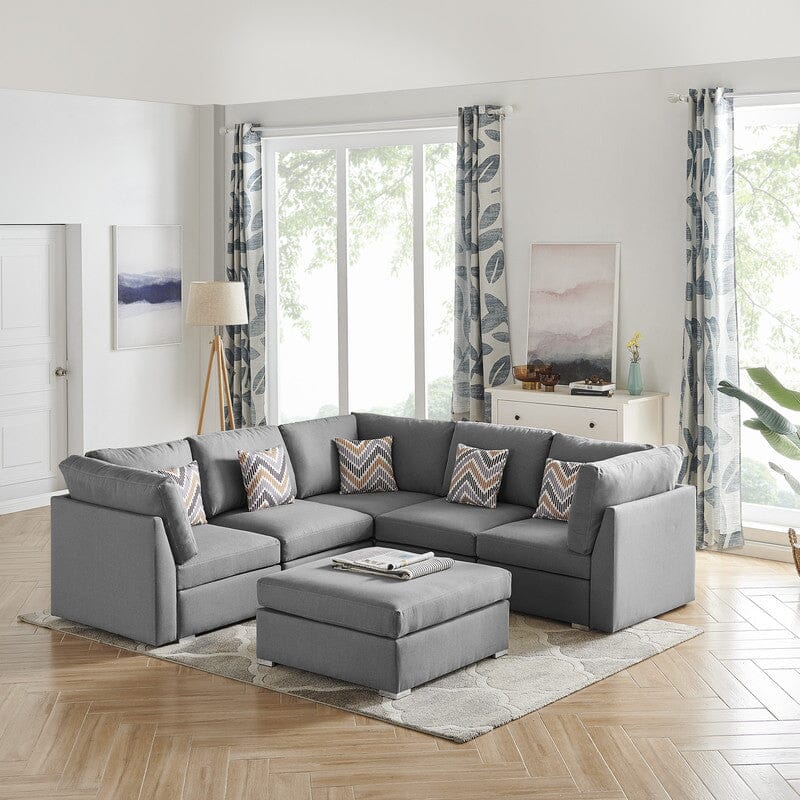 Amira Gray Fabric Reversible Sectional Sofa with Ottoman and Pillows