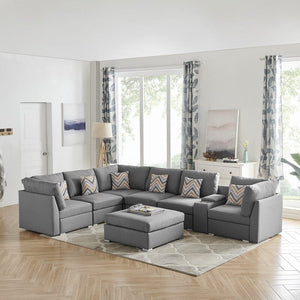 Amira Gray Fabric Reversible Modular Sectional Sofa with USB Console and Ottoman