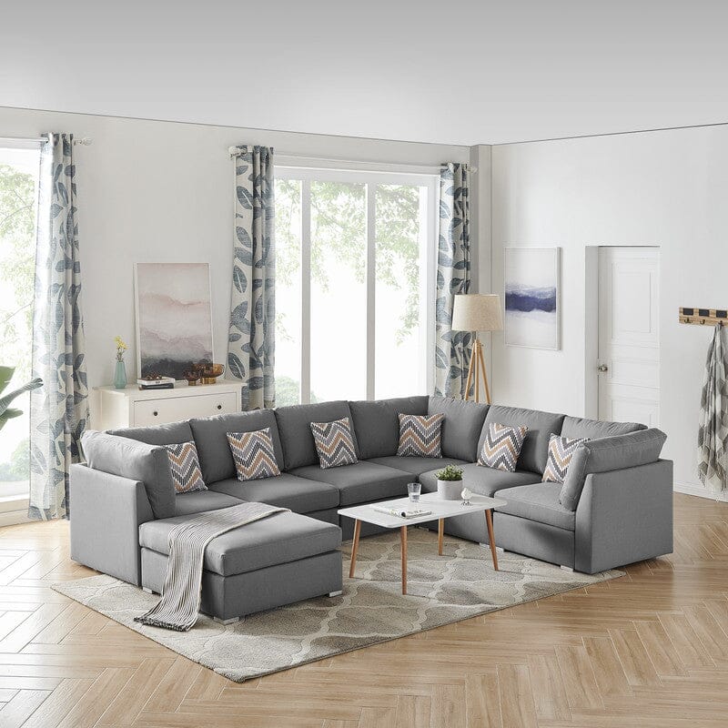 Amira Gray Fabric Reversible Modular Sectional Sofa with Ottoman and Pillows
