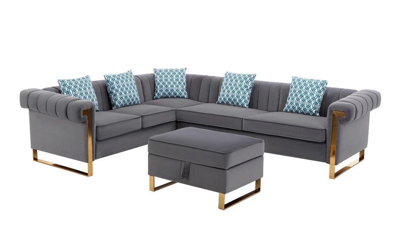 Maddie Gray Velvet 6-Seater Sectional Sofa with Storage Ottoman