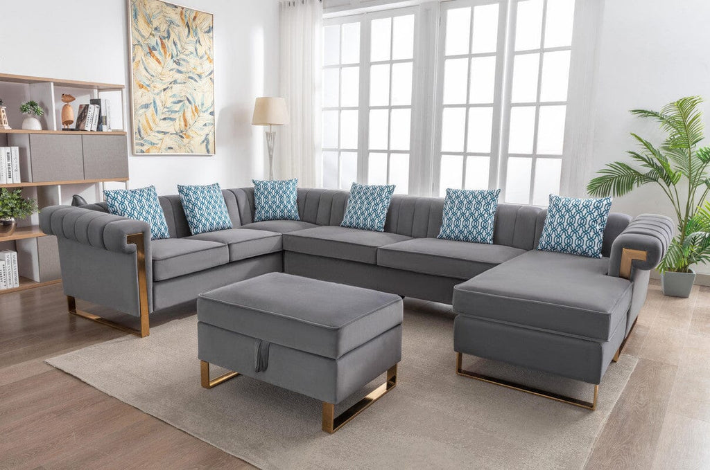 Maddie Gray Velvet 7-Seater Sectional Sofa with Reversible Chaise and Storage Ottoman