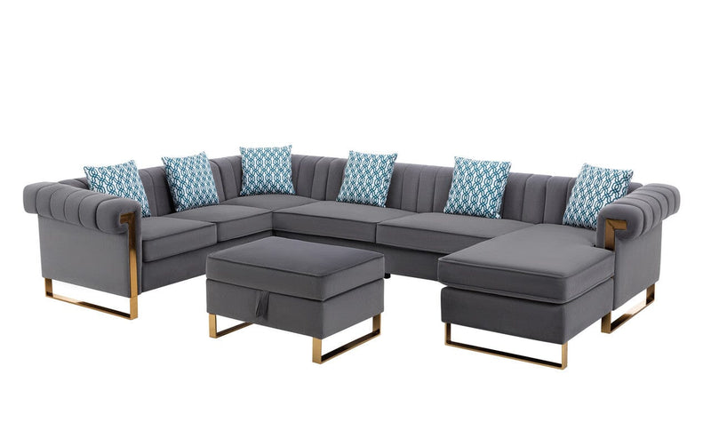 Maddie Gray Velvet 7-Seater Sectional Sofa with Reversible Chaise and Storage Ottoman