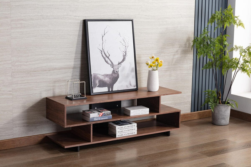 Iris Brown Walnut Finish TV Stand with 2 Levels of Shelves and Black Legs