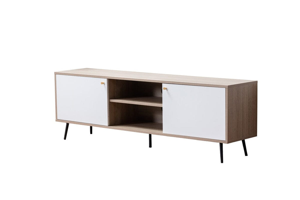 Aurora Light Brown Wood Finish TV Stand with 2 White Cabinets and Modular Shelves