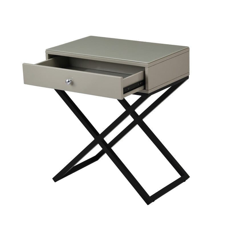 Koda Taupe Wooden End Side Table Nightstand with Glass Top, Drawer and Metal Cross Base