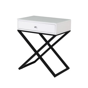 Koda White Wooden End Side Table Nightstand with Glass Top, Drawer and Metal Cross Base