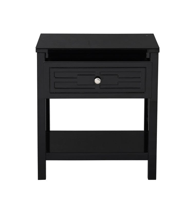 Dylan Black Wooden End Side Table Nightstand with Glass Top and Drawer