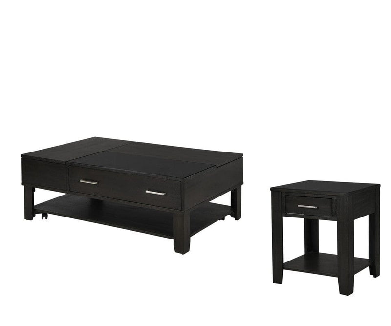 Bruno 2 Piece Ash Gray Wooden Lift Top Coffee and End Table Set with Tempered Glass Top and Drawer