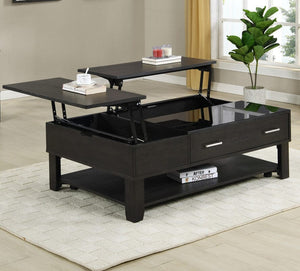 Bruno Ash Gray Wooden Lift Top Coffee Table with Tempered Glass Top and Drawer