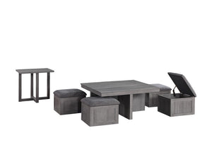 Moseberg Distressed Gray Coffee Table with Storage Stools and End Table Set