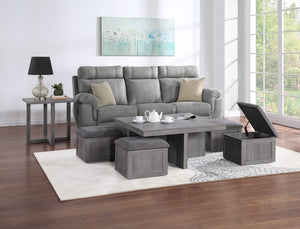 Moseberg Distressed Gray Coffee Table with Storage Stools and End Table Set