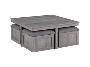 Moseberg Distressed Gray Coffee Table with Storage Stools