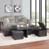 Moseberg Gray Oak Coffee Table with Storage Stools and End Table Set
