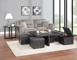 Moseberg Gray Oak Coffee Table with Storage Stools and End Table Set