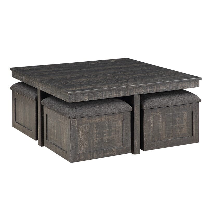 Moseberg Gray Oak Coffee Table with Storage Stools and End Table Set