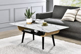 Landon Coffee Table with Glass White Marble Texture Top and Bent Wood Design