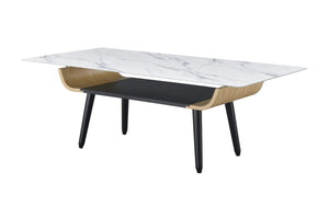 Landon Coffee Table with Glass White Marble Texture Top and Bent Wood Design
