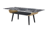 Landon Coffee Table with Glass Black Marble Texture Top and Bent Wood Design