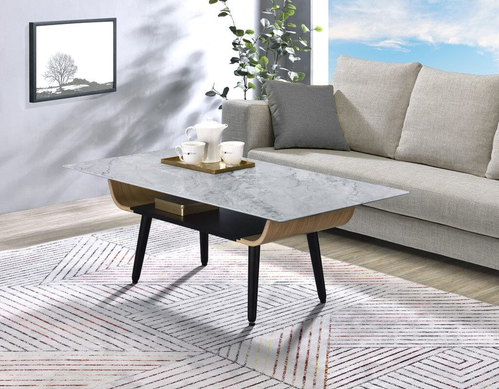 Landon Coffee Table with Glass Gray Marble Texture Top and Bent Wood Design