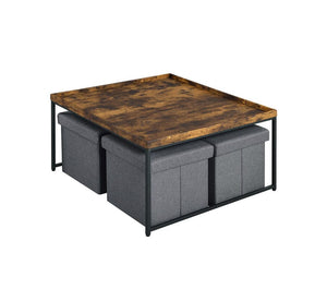 Vinny Weathered Oak Wood Grain 5 Piece Coffee Table Set with Raised Edges