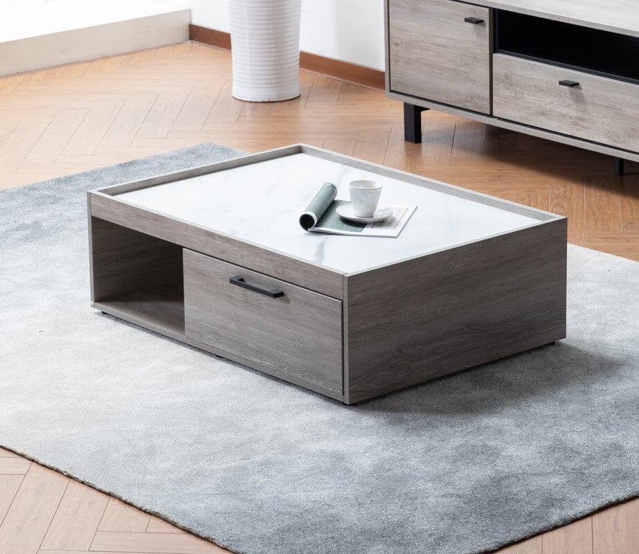 Apollo Gray Oak Finish Coffee Table with Faux Marble Finish Top with Drawer