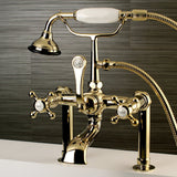 English Country Three-Handle 2-Hole Deck Mount Clawfoot Tub Faucet with Hand Shower