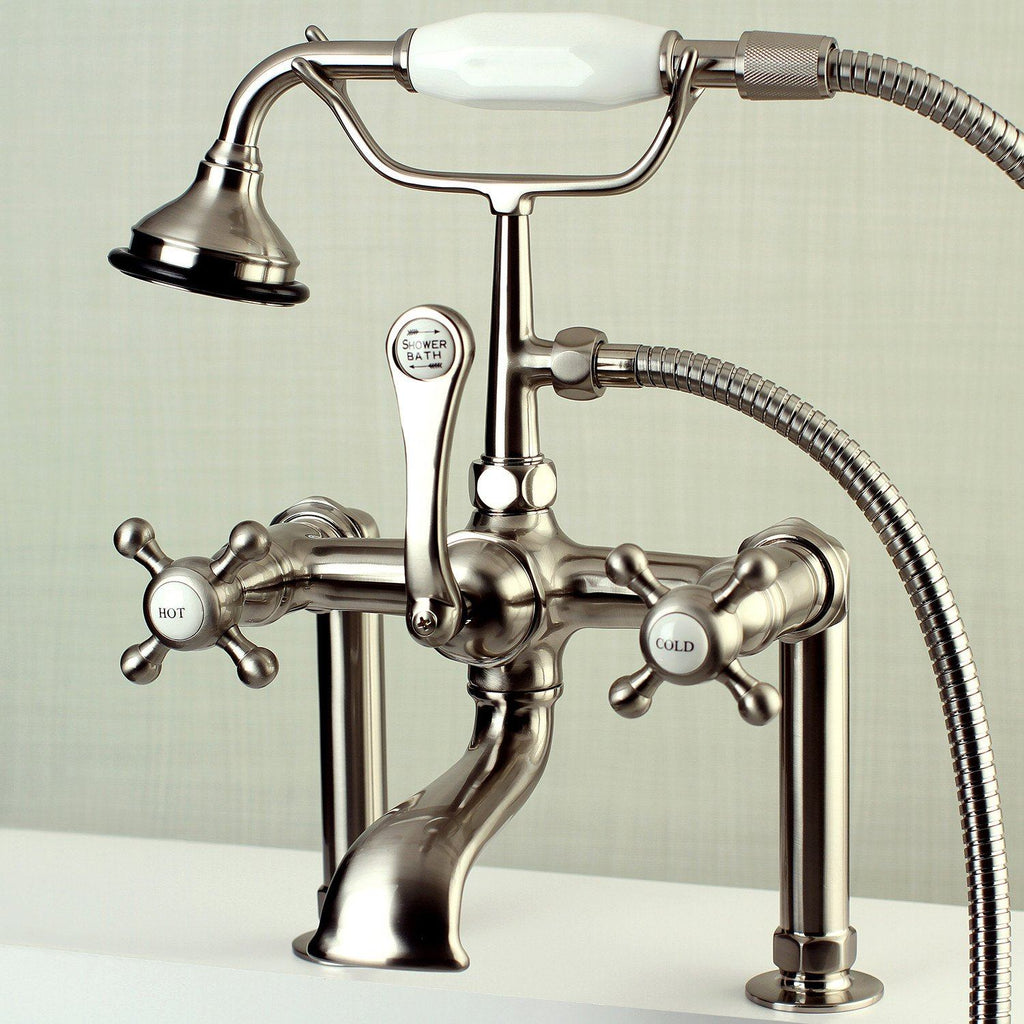 English Country Three-Handle 2-Hole Deck Mount Clawfoot Tub Faucet with Hand Shower