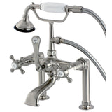 English Country Three-Handle 2-Hole Deck Mount Clawfoot Tub Faucet with Hand Shower