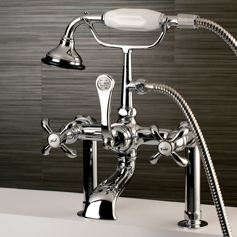 French Country Three-Handle 2-Hole Deck-Mount Clawfoot Tub Faucet with Hand Shower