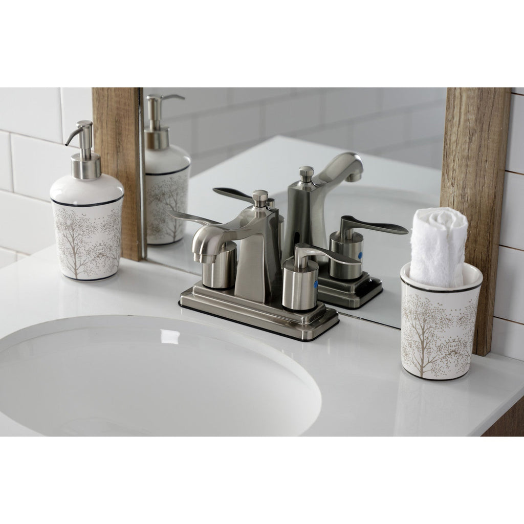 Serena Two-Handle 3-Hole Deck Mount 4" Centerset Bathroom Faucet with Plastic Pop-Up