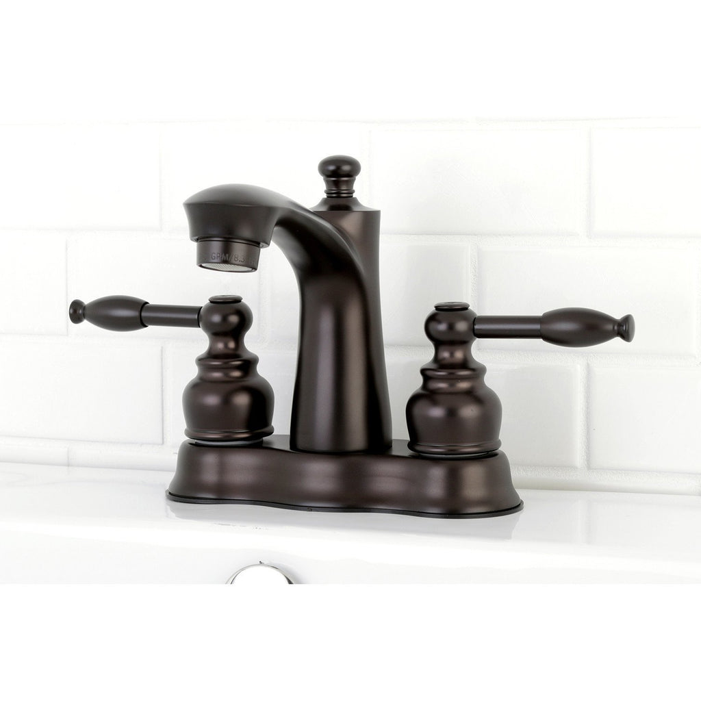 Knight Two-Handle 3-Hole Deck Mount 4" Centerset Bathroom Faucet with Plastic Pop-Up