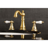 American Patriot Two-Handle 3-Hole Deck Mount Widespread Bathroom Faucet with Brass Pop-Up