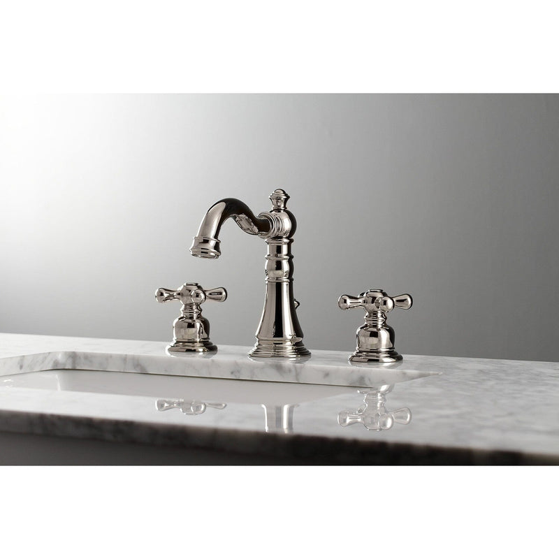 American Classic Two-Handle 3-Hole Deck Mount Widespread Bathroom Faucet with Brass Pop-Up Drain