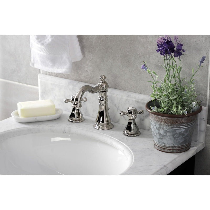 Metropolitan Two-Handle 3-Hole Deck Mount Widespread Bathroom Faucet with Brass Pop-Up Drain