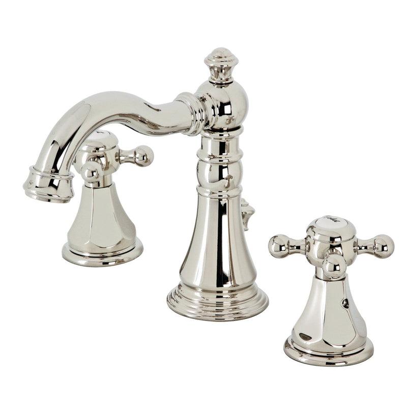 Metropolitan Two-Handle 3-Hole Deck Mount Widespread Bathroom Faucet with Brass Pop-Up Drain