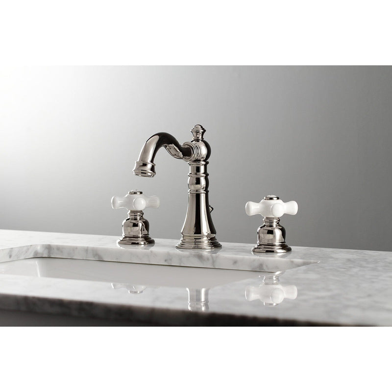 American Classic Two-Handle 3-Hole Deck Mount Widespread Bathroom Faucet with Brass Pop-Up Drain