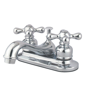 Restoration Two-Handle 3-Hole Deck Mount 4" Centerset Bathroom Faucet with Plastic Pop-Up