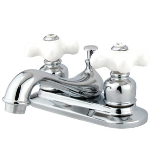 Restoration Two-Handle 3-Hole Deck Mount 4" Centerset Bathroom Faucet with Plastic Pop-Up