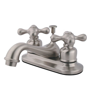 Restoration Two-Handle 3-Hole Deck Mount 4" Centerset Bathroom Faucet with Plastic Pop-Up