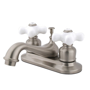 Restoration Two-Handle 3-Hole Deck Mount 4" Centerset Bathroom Faucet with Plastic Pop-Up