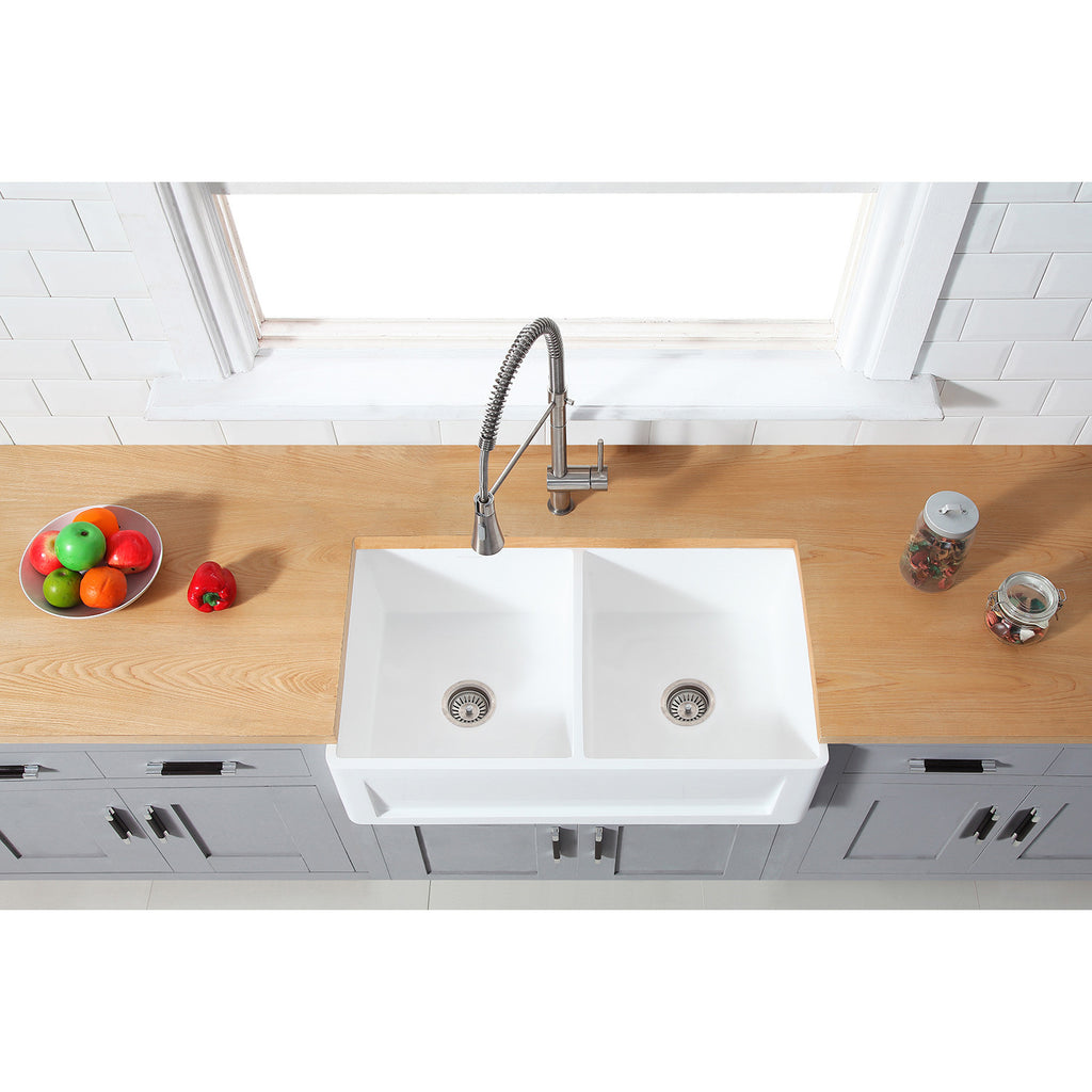Arcticstone 36-Inch Solid Surface White Stone Apron-Front Double Bowl Farmhouse Kitchen Sink