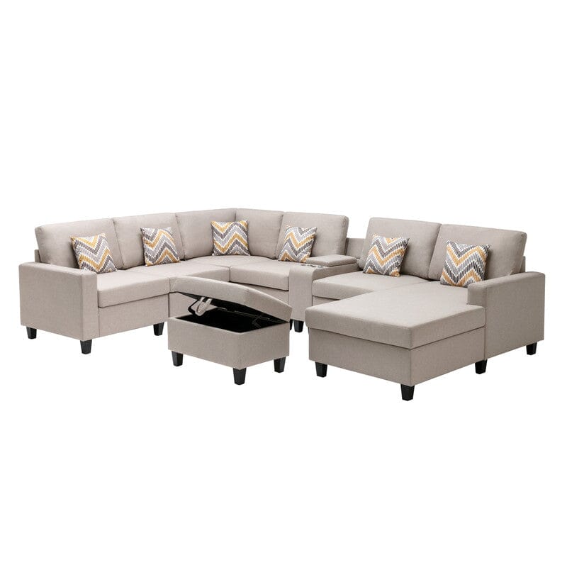 Nolan Beige Linen Fabric 8Pc Reversible Chaise Sectional Sofa with Interchangeable Legs, Pillows, Storage Ottoman, and a USB, Charging Ports, Cupholders, Storage Console Table