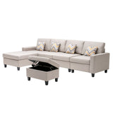 Nolan Beige Linen Fabric 5Pc Reversible Sofa Chaise with Interchangeable Legs, Storage Ottoman, and Pillows