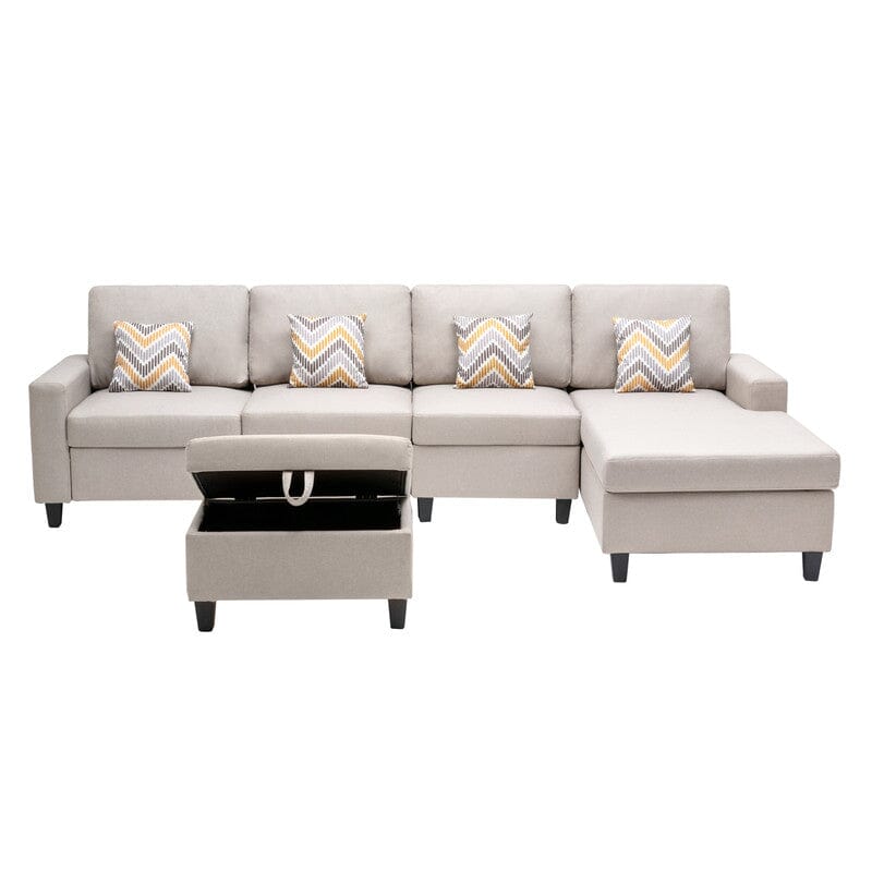 Nolan Beige Linen Fabric 5Pc Reversible Sofa Chaise with Interchangeable Legs, Storage Ottoman, and Pillows
